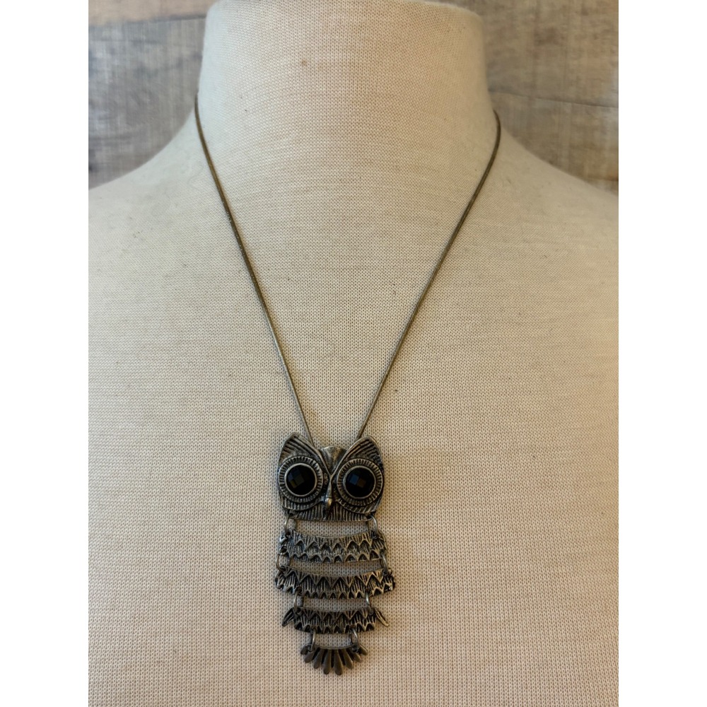 Antique Silver Articulated Owl Statement Necklace Black Gemstone Eyes